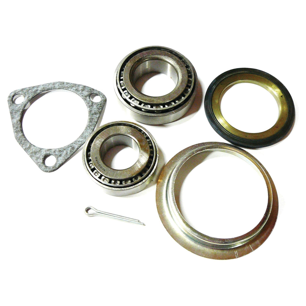Assorted mechanical parts including bearings, a gasket, a pin, and a metal ring are arranged on a white background. Among these is the Wheel Bearing Kit (Sparex Part No. S.72076), designed for John Deere machinery by Sparex.
