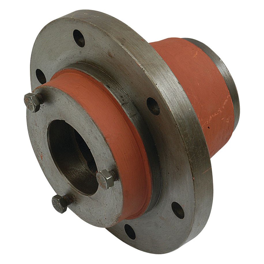 A cylindrical metal and rubber mechanical coupling with flanges and bolt holes, designed for connecting two rotating shafts, similar to the Wheel Hub | Sparex Part No.S.59543 from Sparex found in Case IH machinery.