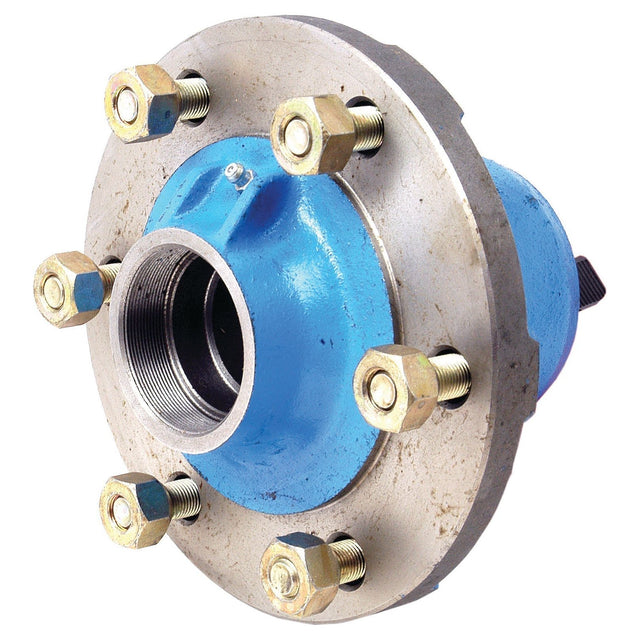 A Sparex Wheel Hub Gasket (Part No. S.66389), designed for Ford New Holland models, with a blue finish featuring a circular flange and threaded center, surrounded by six bolts.