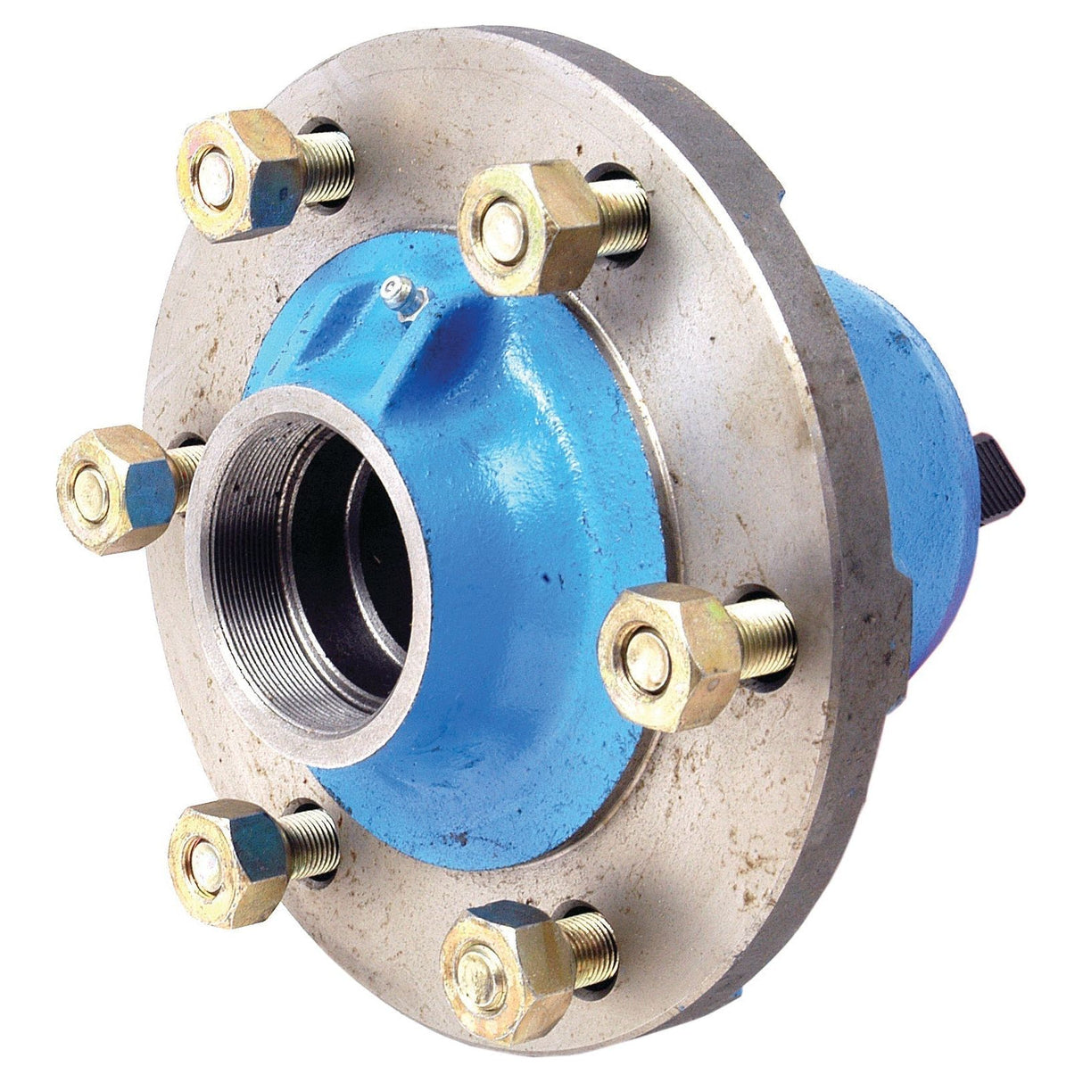 The Sparex Wheel Hub Gasket, Part No. S.66389, is showcased against a white background with its Ford New Holland blue industrial flange and six gold bolts prominently featured. The central circular opening, reminiscent of a wheel hub, exhibits a rugged, metallic texture.