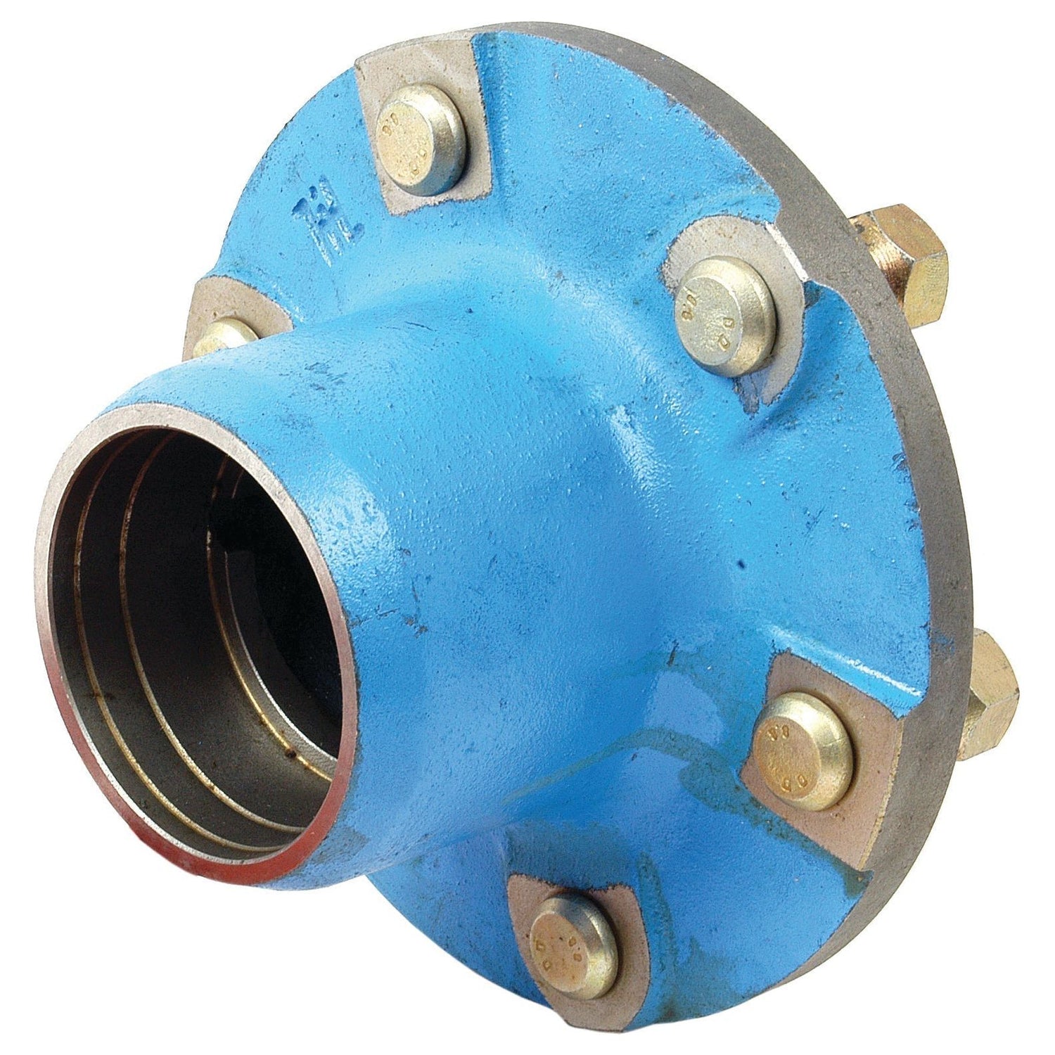 The Sparex Wheel Hub Gasket (Sparex Part No. S.66389) is a blue metal flange coupling featuring five bolts, frequently used in Ford New Holland equipment to connect pipes in industrial applications.