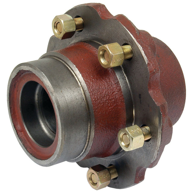 The Wheel Hub (Sparex Part No.S.74725) by Sparex is a cylindrical metal mechanical component featuring six bolts and a threaded section, likely used as a wheel hub in machinery. The item is predominantly silver with red accents, reflecting the classic Case IH design.