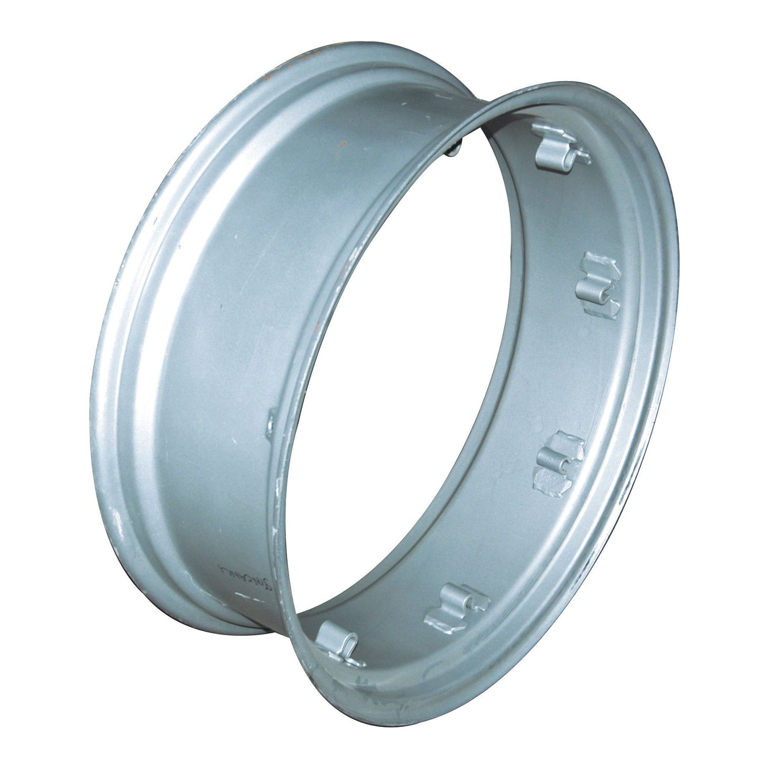 A silver metal Wheel Rim (Product Name: Wheel Rim, Rim Size: 10 x 32’’ - S.43059), featuring detailed engravings and precision engineering, is isolated on a white background. Ideal for various tyre sizes, this rim promises a perfect fit for most vehicles. Available through Sparex.