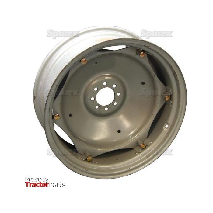 A gray 11 x 28" tractor wheel rim, model S.42557, with a central hub and 6 lugs is placed at an angle on a white background. The brand name "Sparex" is displayed in the bottom left corner, next to the label "Massey Tractor Parts".
