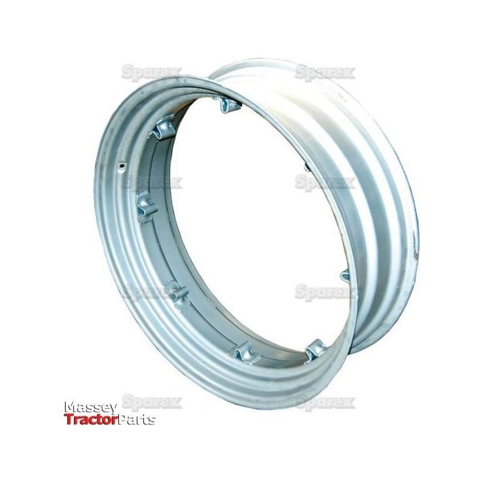 A silver tractor wheel rim with multiple bolt holes, featuring text that reads "Sparex" and "Massey Tractor Parts" in the background, indicating its compatibility with specific wheel rim sizes such as 12 x 38'' - S.66933.