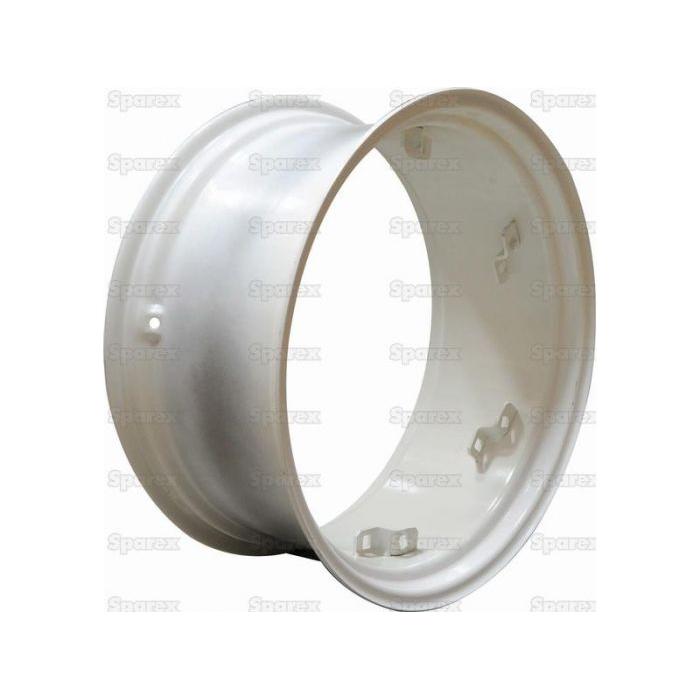 A white Wheel Rim, model S.60114 from Sparex, with a size of 13 x 28'', featuring bolt holes and displayed at an angle to show both its interior and exterior. This view emphasizes its compatibility with various Sparex Fasteners, ensuring a secure fit no matter what your wheel rim size is.