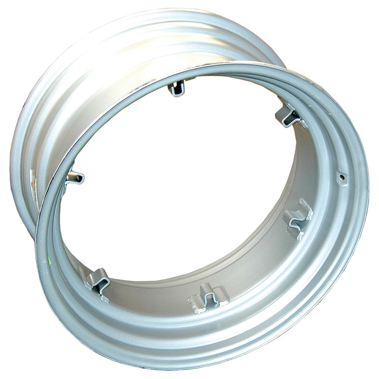 A Sparex silver metallic wheel rim with a curved and grooved design, multiple attachment points, and a rim size of 14 x 30''. - S.67292