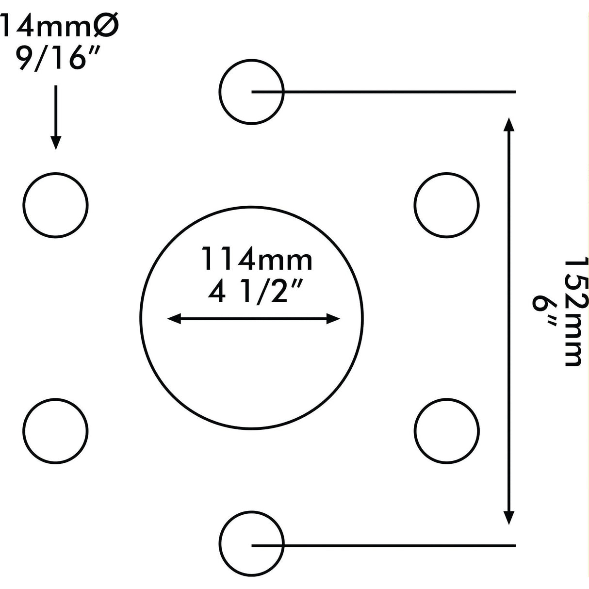 Technical diagram for the Sparex Wheel Rim, model S.59044, showing dimensions for bolt placement. Central bore Ø is 114mm (4 1/2"). Five smaller bolt holes with a 14mm (9/16") diameter are offset around it. Total height is 152mm (6"). The rim size is specified as 3.5" x 19".