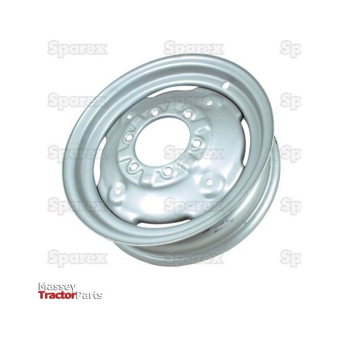 A silver wheel rim, sized at 4.5 x 16'', featuring multiple bolt holes and an indented center. Branded with "Sparex," this durable rim (S.40286) is perfect for accommodating various tyre sizes to meet your farming needs.