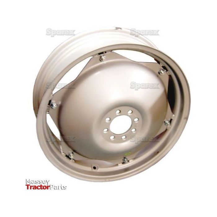 A large silver 9 x 28'' wheel rim, product code S.42194 from Sparex's Massey Tractor Parts collection, showcased against a white background.