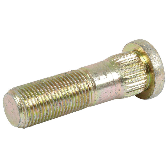 A close-up image of a metallic bolt with a threaded surface and flat head, resembling the Wheel Stud 5/8" x 2 1/4" (UNF) Grip Ø: 11/16" by Sparex, Part No. S.65100, typically found on Ford New Holland equipment.