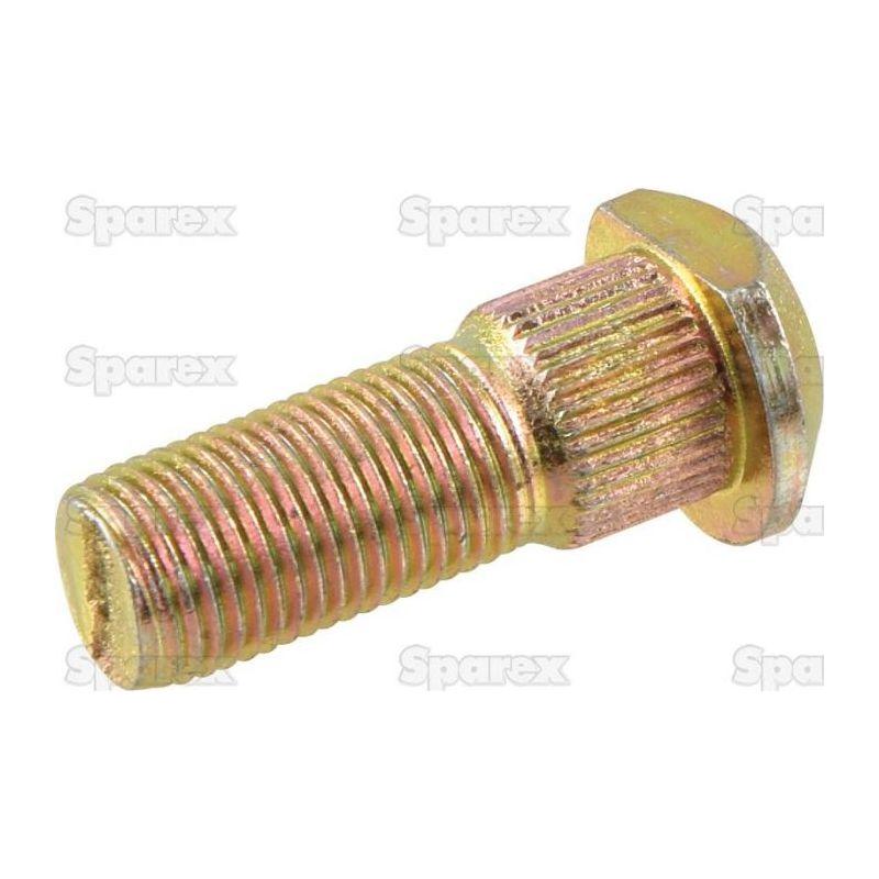 A metallic wheel stud measuring 1/2'' x 1 1/4'' (UNF) with a hexagonal head and a textured shank, set against a white background. The faintly visible word "Sparex" behind the stud signifies its high quality as a part for Ford / New Holland vehicles, specifically the Sparex Part No. S.69105.