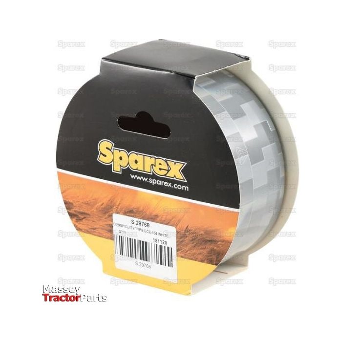 A box of White Conspicuity Tape, product number S.29768, with a barcode and "Sparex" branding, complete with manufacture information for user convenience.