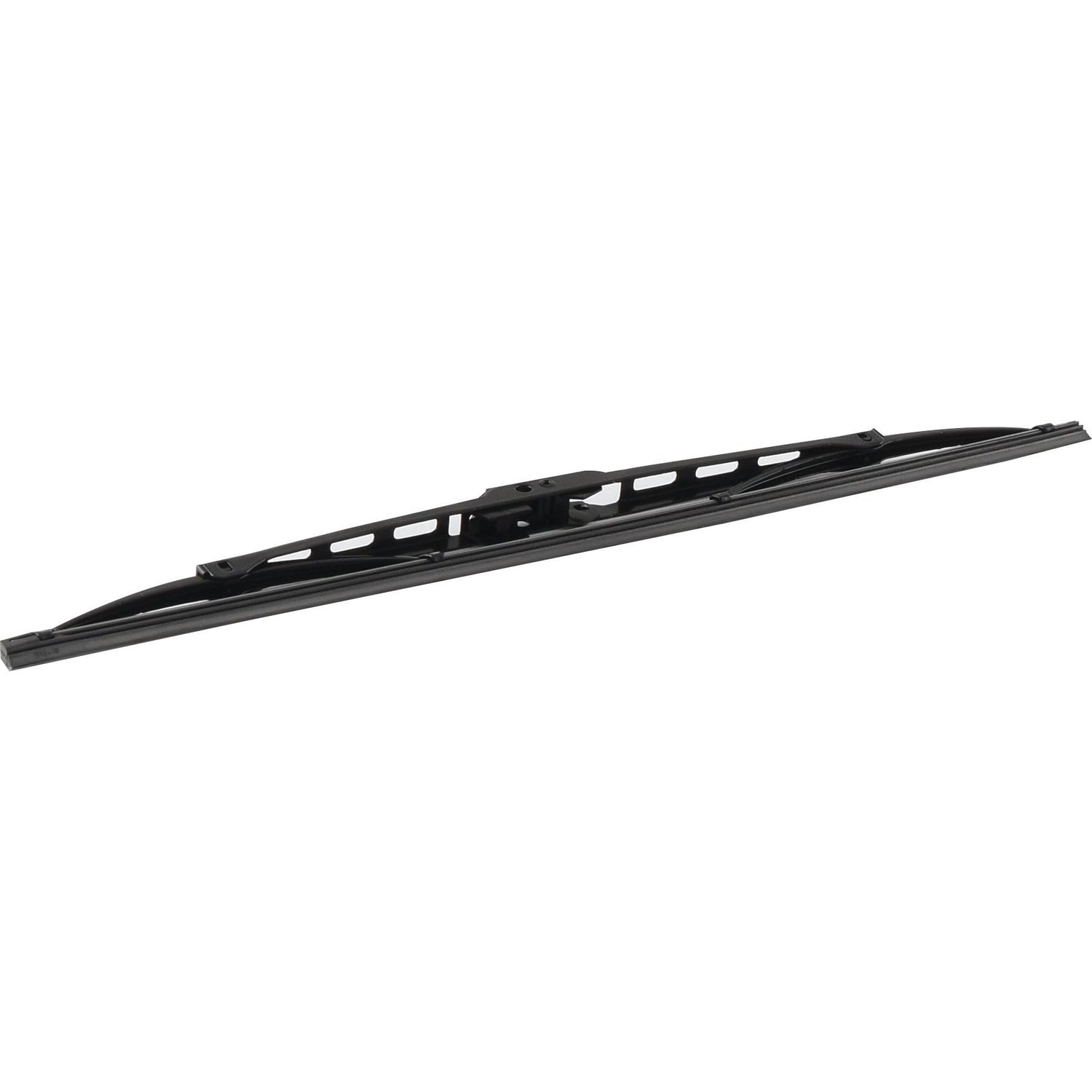 A black 12-inch (300mm) Sparex windshield wiper blade, compatible with Massey Ferguson, product name: Wiper Blade - 12'' (300mm) 1 pc. + S.14730 | Sparex Part No.S.19771, isolated on a white background.