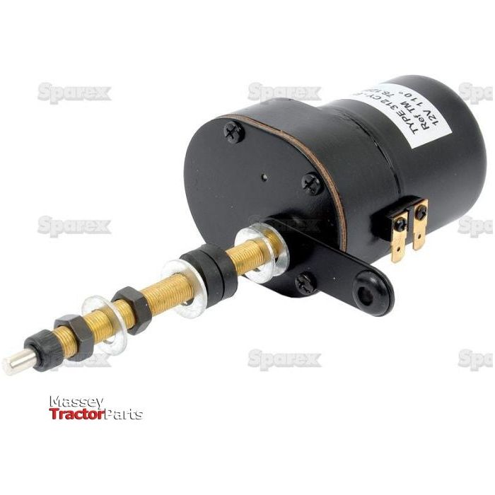 Wiper motor with a black cylindrical body, metallic shaft, and mounting brackets. It features connectors at the end and is used for Massey tractor parts. This 12V component is compatible with Sparex products and is identified by Sparex Part No.S.35442.
