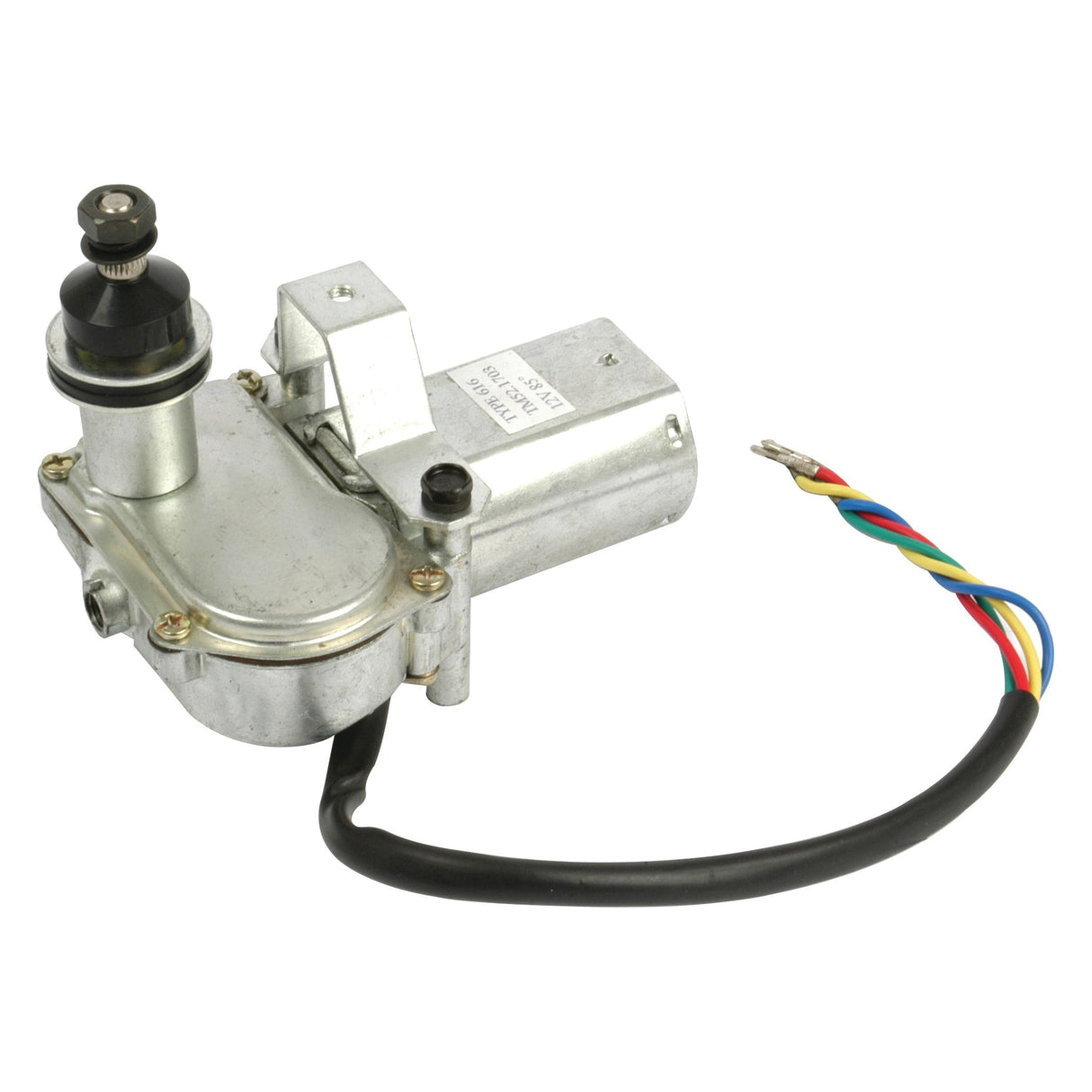 A silver mechanical device with multiple colored wires extending from one end, featuring metal housing and a gear-like component on the top, this Sparex Wiper Motor 12V (Sparex Part No. S.35462) offers 2-speed functionality for optimal performance.
