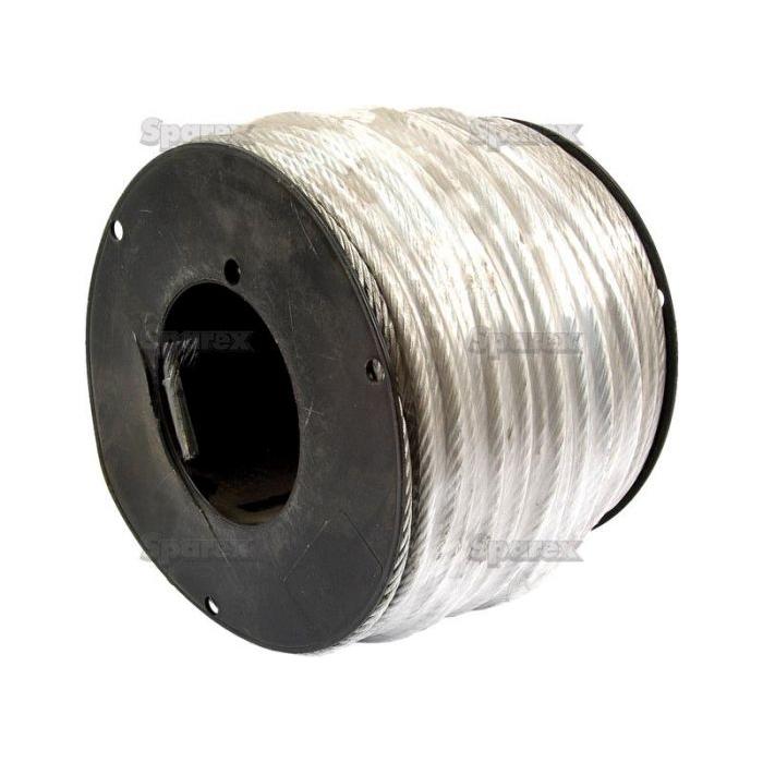 A large spool of Sparex Wire Rope With Nylon Core - Steel, Ø8mm x 110M (Part No. S.4674) ensures durability and strength for various applications with its neatly wound design and black nylon core.