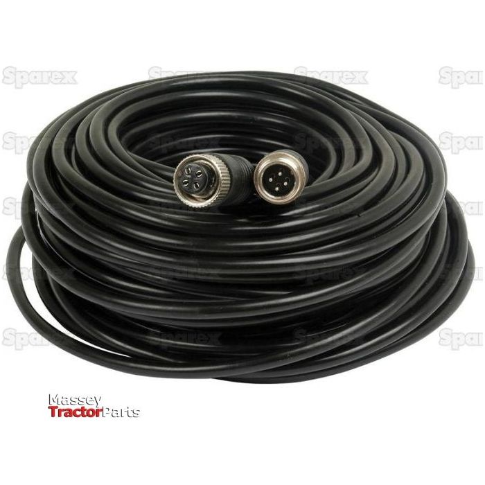 The Wired Camera Extension Cable (Sparex Part No. S.23031) is a 5-meter long coiled black cable with metal connectors on both ends. It is displayed against a white background, prominently featuring the "Massey Tractor Parts" and "Sparex" branding.