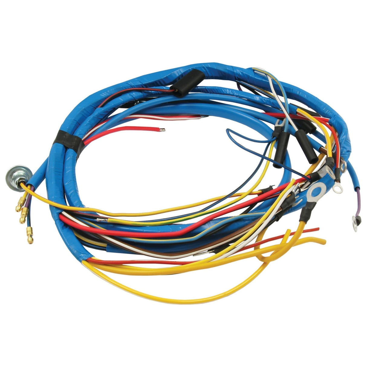 Introducing the Wiring Harness (Sparex Part No. S.67031) by Sparex, featuring a bundle of various colored wires, primarily blue, red, yellow, and black. The wires are wrapped together with exposed ends and some terminating in connectors—perfect for Ford / New Holland applications.