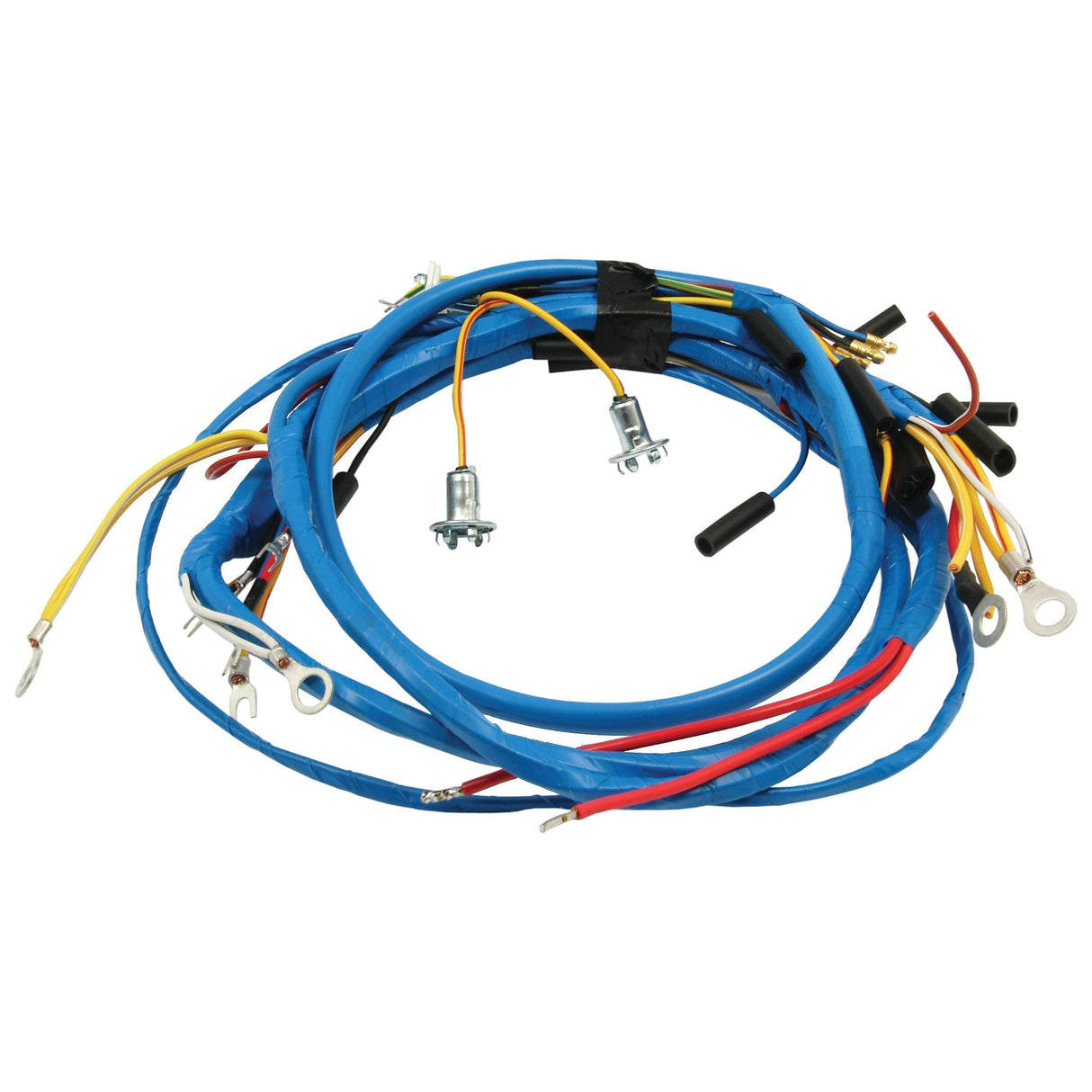 A coiled wiring harness in blue with multiple colored wires and connectors, designed specifically for Ford / New Holland machinery, branded as Sparex and identified by Part No. S.67035.