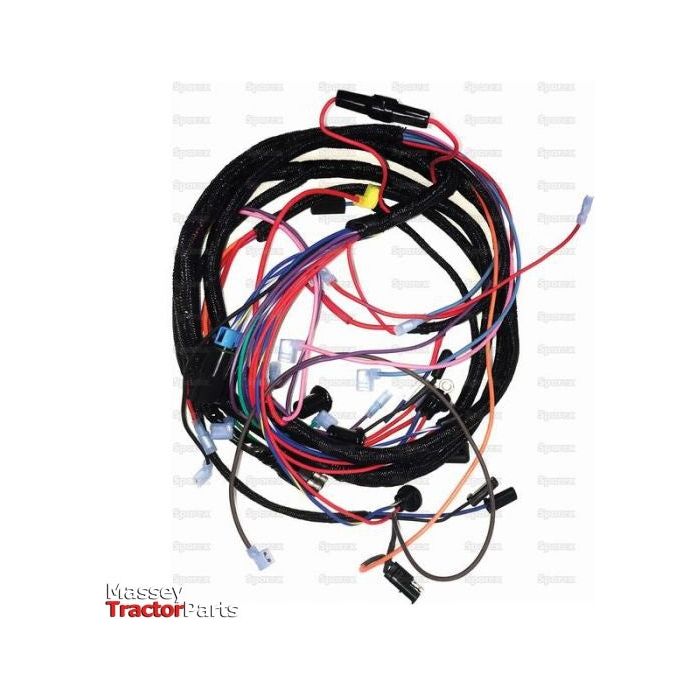 A coiled assortment of multi-colored electrical wires with connectors and terminals, set against a plain background. The wires are neatly organized but unconnected. Text in the lower left corner reads "Massey Tractor Parts." Perfect as a Sparex Wiring Harness for Ford / New Holland machinery, this is Part No.S.67792 from Sparex.