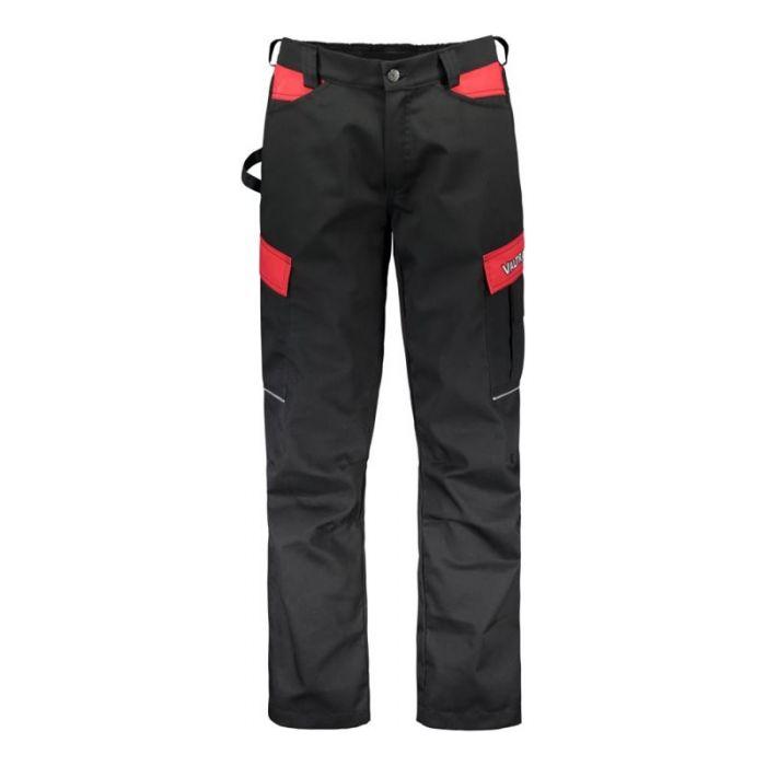 The Valtra Work Trousers (V4280520) by AGCO are black with red accents, featuring multiple multipurpose pockets, belt loops, and a button clasp with a zip fly.