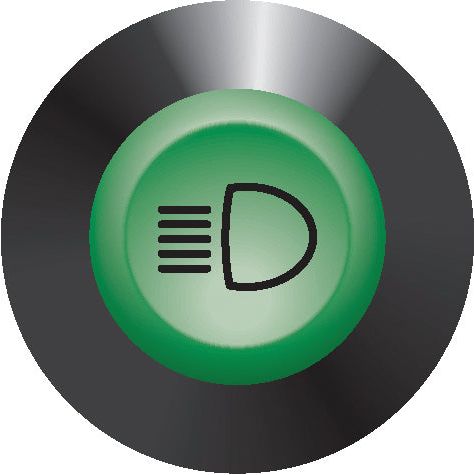 The Worklight Switch, Sparex Part No. S.52809, is a green circular button featuring a headlight symbol to control vehicle headlights. It is set against a black circular background and is ideal for 12V vehicles, fully compatible with Sparex work lamp systems.