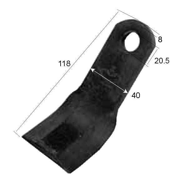 A Y type flail component with the following dimensions: length 118 mm, hole diameter 20.5 mm, width 40 mm, and thickness 8 mm. Ideal as a replacement for Agrimaster, Zanon, and Maschio equipment. This product is manufactured by Sparex and can fit as part number 23004 (Sparex Part No.S.118473).