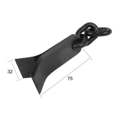A Y type flail from Sparex, featuring a black metal construction with a flat, angled blade attached to a twisted chain link. The blade is labeled "32" and measures 140mm in length and 30.5mm in width. This component fits as replacement for Bomford part number 0108606 and showcases durability and precision in its design with a hole diameter of 9mm and thickness of 3mm.