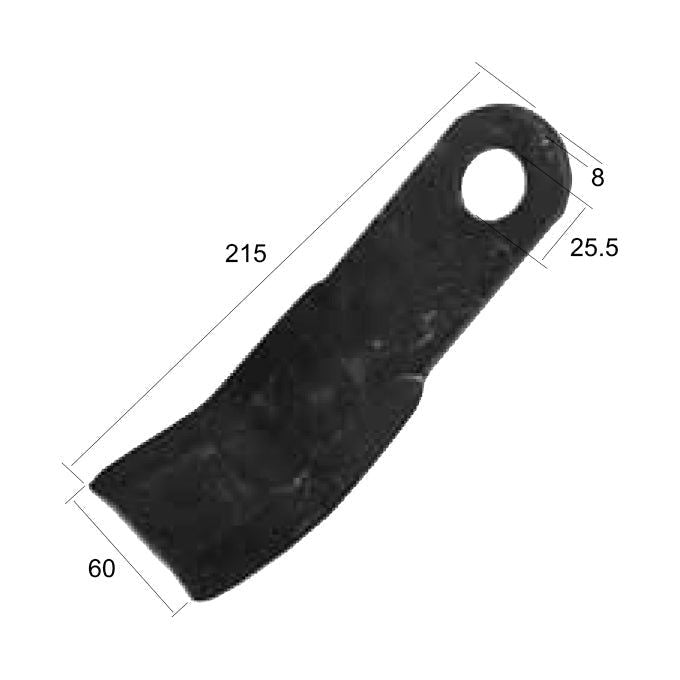 A Sparex Y type flail, a black metal bracket that replaces Desvoys part 02443, is 215 mm in length. It features a hole with a diameter of 25.5 mm at one end, measures 60 mm in width at the other end, and has a thickness of 8 mm (Sparex Part No.S.21901).