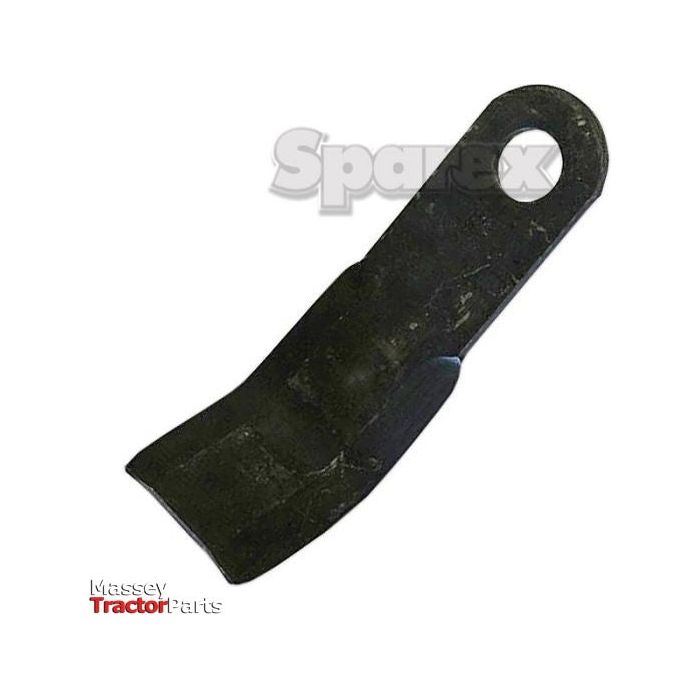A black, metal Y type flail with a 25.5mm hole for attachment to machinery. Measuring 215mm in length and 60mm in width, the flail has a thickness of 8mm along with a slight curve and sharp edge. Text reads "Massey Tractor Parts" and "Sparex OE Reference.