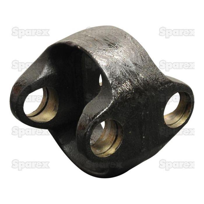 The Yoke Coupling - S.129458 by Sparex is a black, metal yoke featuring two circular openings on each side, designed for mechanical or vehicle use. It is showcased against a white background with the word 'Sparex' faintly printed repeatedly, making it an ideal component for Case IH and International Harvester machinery.