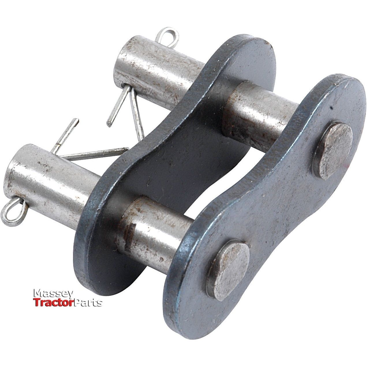 The Sparex Connecting Link, Simplex, 16B-1 H (Sparex Part No. S.37455), features a heavy-duty metal chain link with two pins and a connecting plate, proudly displaying the "Massey Tractor Parts" logo in the bottom left corner. This product ensures reliable performance, and for added assurance, check the chain reference against iwis standards to ensure compatibility.