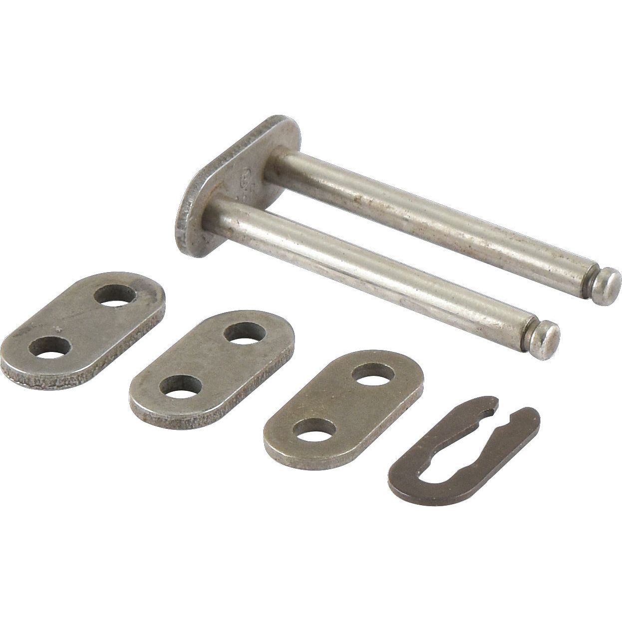 A set of metal chain link components from Sparex, including two pins, three rectangular plates with two holes, and one flat clip can be referred to as the "Connecting Link, Triplex, 08B-3 | Sparex Part No. S.37482.