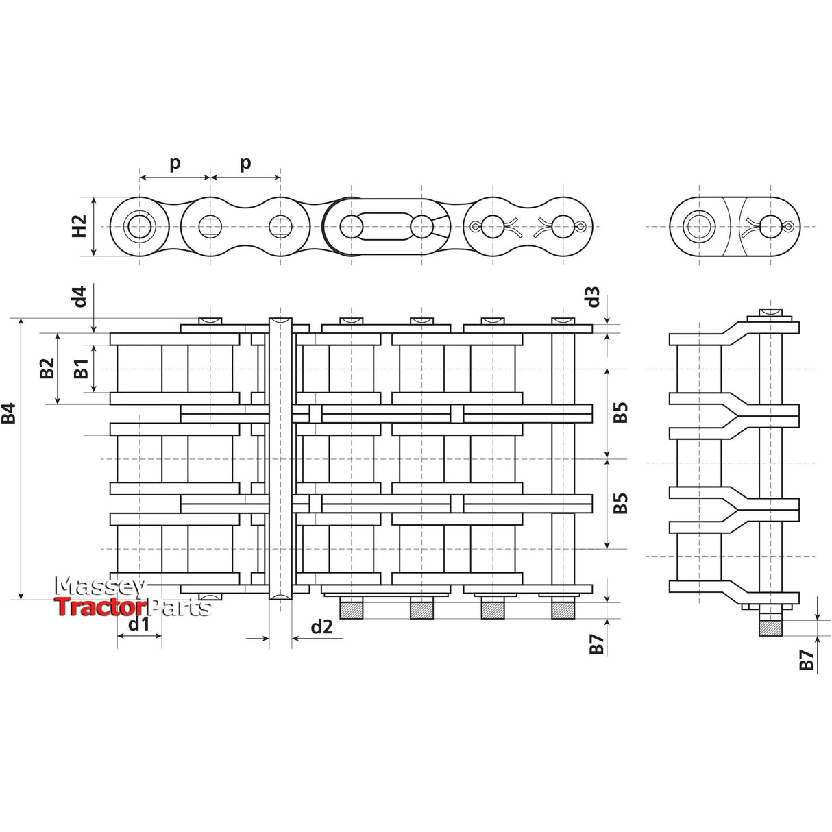 Technical drawing of a segmented chain mechanism with detailed measurements and labeled parts, viewed from various angles. The words "Sparex" are visible on the lower left side, and the chain is identified as a Connecting Link, Triplex, 16B-3 (Sparex Part No.S.37485).