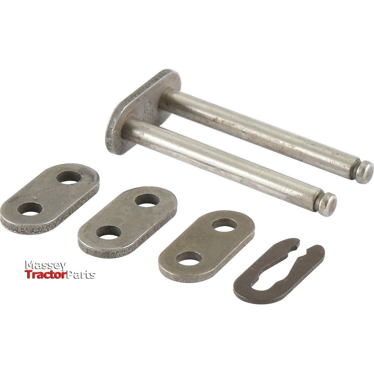 Image showing a set of Massey tractor parts, including two metal pins with end plates, three flat metal brackets with holes, and a small metal clip—perfect for an ECOPLUS upgrade using the Sparex Connecting Link, Triplex, 16B-3 (Sparex Part No.S.37485).