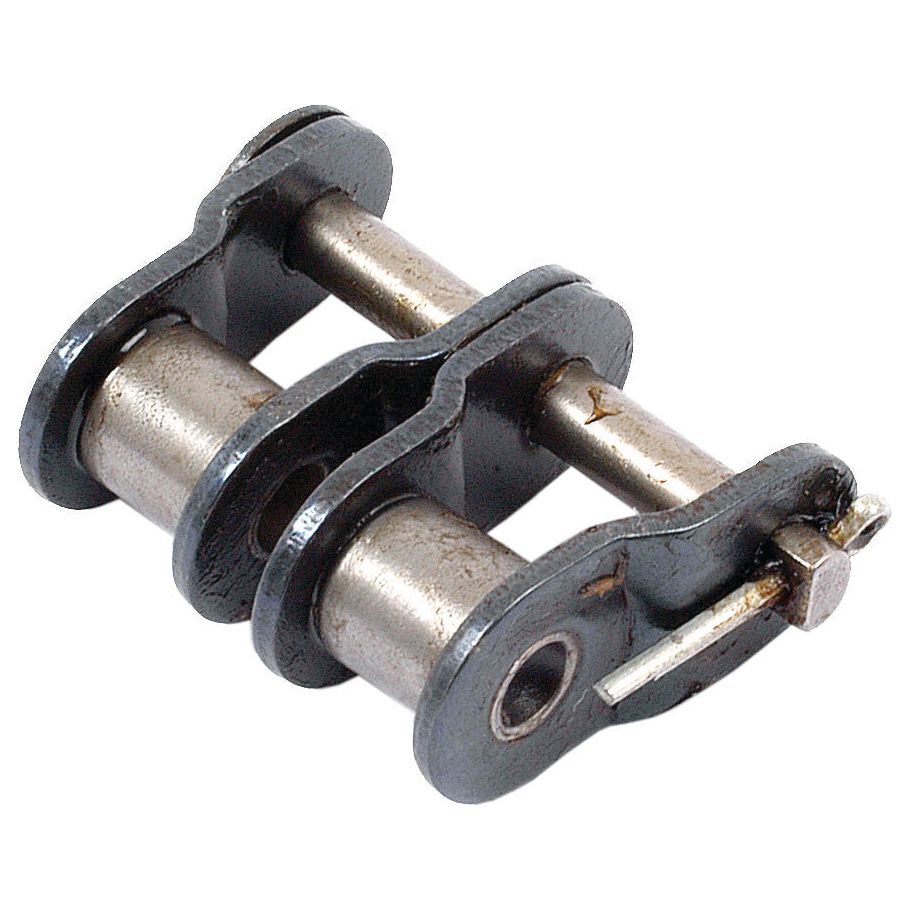 A close-up of a Sparex Cranked Link, Duplex, 10B-2 (Sparex Part No.S.37514) showcases the robust design with two connecting pins and two outer plates.