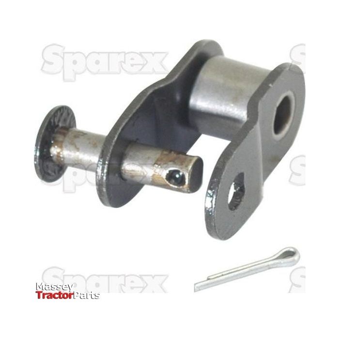 A metal tractor part, specifically a Cranked Link, Simplex, 16B-1 H (Sparex Part No.S.37528), is shown with a pin, pin clip, and elbow attachment displaying the brand names "Sparex" and "Massey Tractor Parts" in the background, alongside an Elite roller chain.