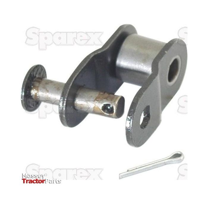 Close-up of a metal pin and bracket assembly with a cotter pin, labeled "Massey Tractor Parts" and "Sparex" in the background, featuring the Sparex Cranked Link, Simplex, 35-1 (Part No. S.37498) for enhanced durability alongside an iwis chain product line and other Simplex components.