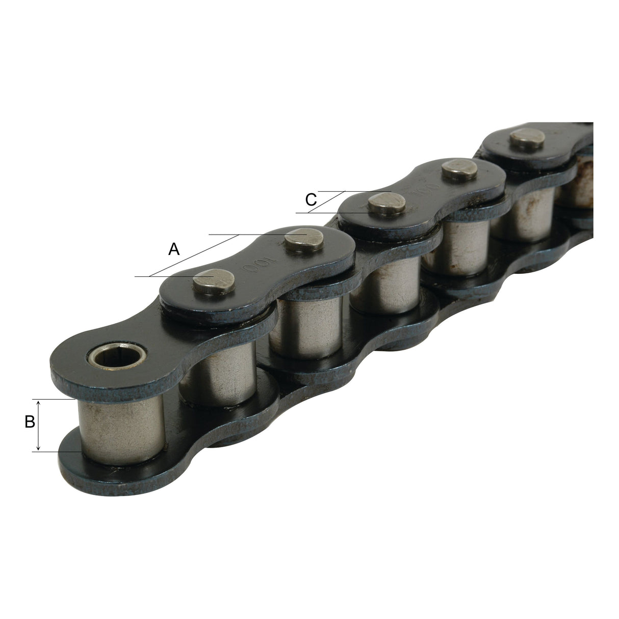 Close-up view of a mechanical chain, Cranked Link, Simplex, 942-1 from Sparex (Sparex Part No. S.37507), with measurements A, B, and C clearly marked to indicate length, width, and pitch.