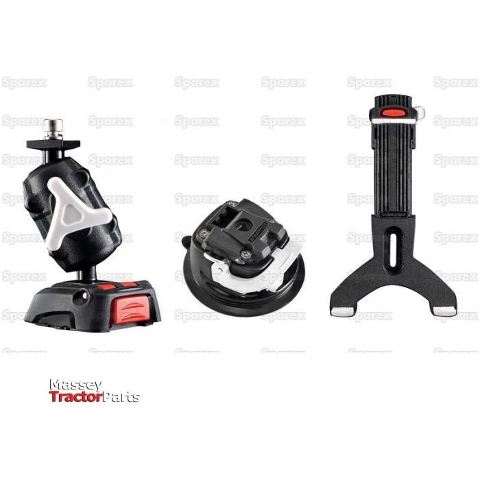 Three black and red parts from the ROKK Mini Adjustable Tablet Clamp & Suction Mount (Sparex Part No. S.151439) displayed against a white background with faint Sparex watermarks: a base with a knob, a rotating joint piece, and a Y-shaped attachment with a red tab. For ROKK mini enthusiasts, these components enhance compatibility when exploring related products.