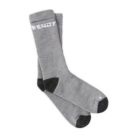 The Fendt - Trekking Protect Socks (X99102023C) by AGCO come in gray with black heels and toes, and feature white text near the top. These socks are designed with KEVLAR reinforcement for added durability, along with superior moisture transport to keep your feet dry.