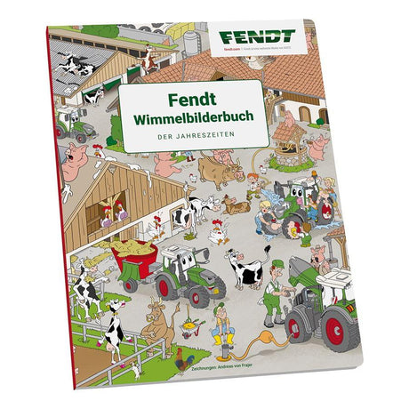 Cover of the hidden object picture book titled "Fendt Wimmelbilderbuch Der Jahreszeiten," from AGCO, featuring a busy farm scene with cows, tractors, farmers, and various animals engaging in different activities. Made from sturdy cardboard, it showcases FENDT characters throughout the vibrant imagery. Product name: Fendt - Fendt hidden object picture book - X991021058000.