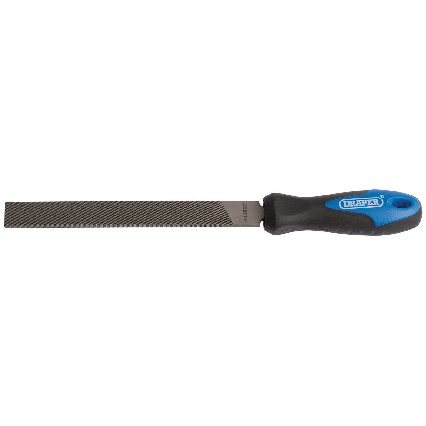 Introducing the Draper Soft Grip Engineer's Hand File And Handle, a 150mm file made from high carbon steel for enhanced durability, sporting a distinctive black and blue soft grip handle.