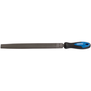 The Draper Soft Grip Engineer's Half Round File and Handle, 300mm - 8106B, is a flat metal file with a black and blue handle, made from hardened and tempered high carbon steel, designed for smoothing and shaping surfaces.