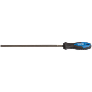 The Draper Soft Grip Engineer's Round File and Handle, 250mm - 8106B features an improved tooth profile and soft grip handles in black and blue on a white background.