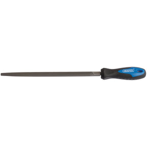 The Draper Soft Grip Engineer's Square File And Handle, 250mm - 8106B, features a black and blue ergonomic handle and an improved tooth profile made from high carbon steel against a white background.