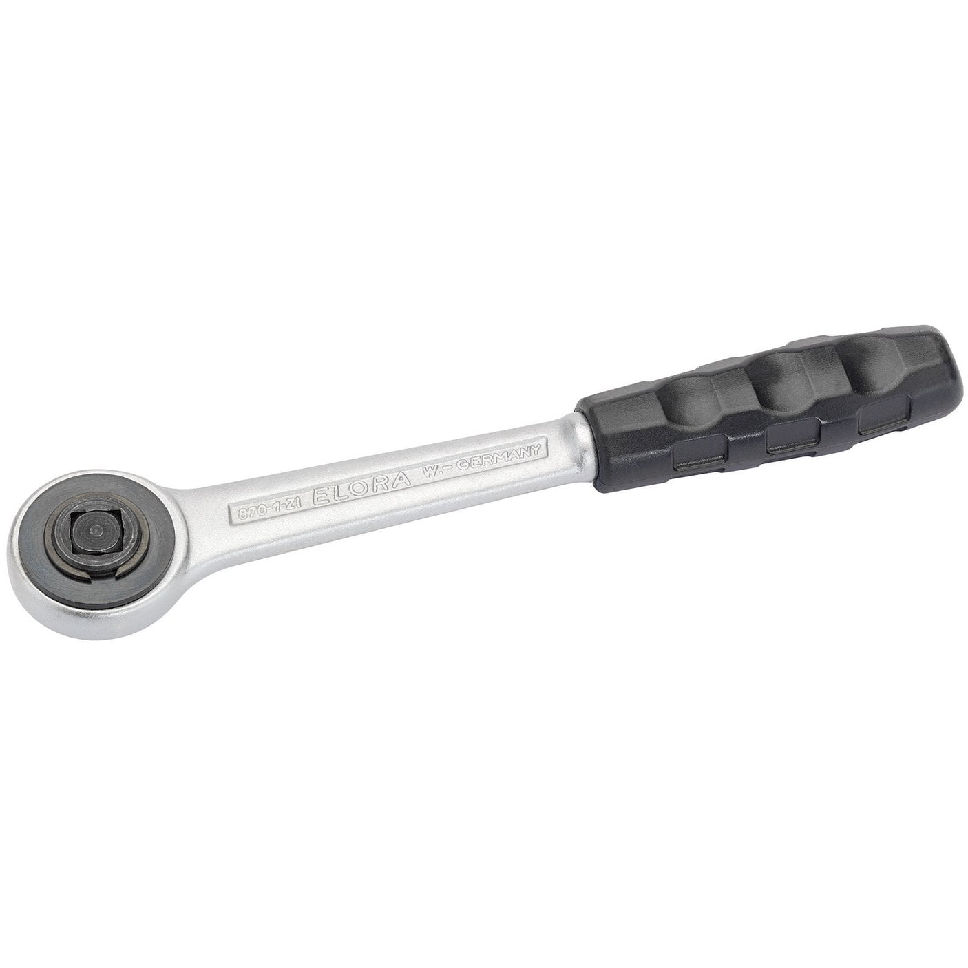 The Draper Elora Push Through Reversible Ratchet, 3/8" Sq. Dr., 200mm - 870-1ZI features a black, ergonomic handle and a silver metal body crafted from impact-resistant chrome vanadium steel.