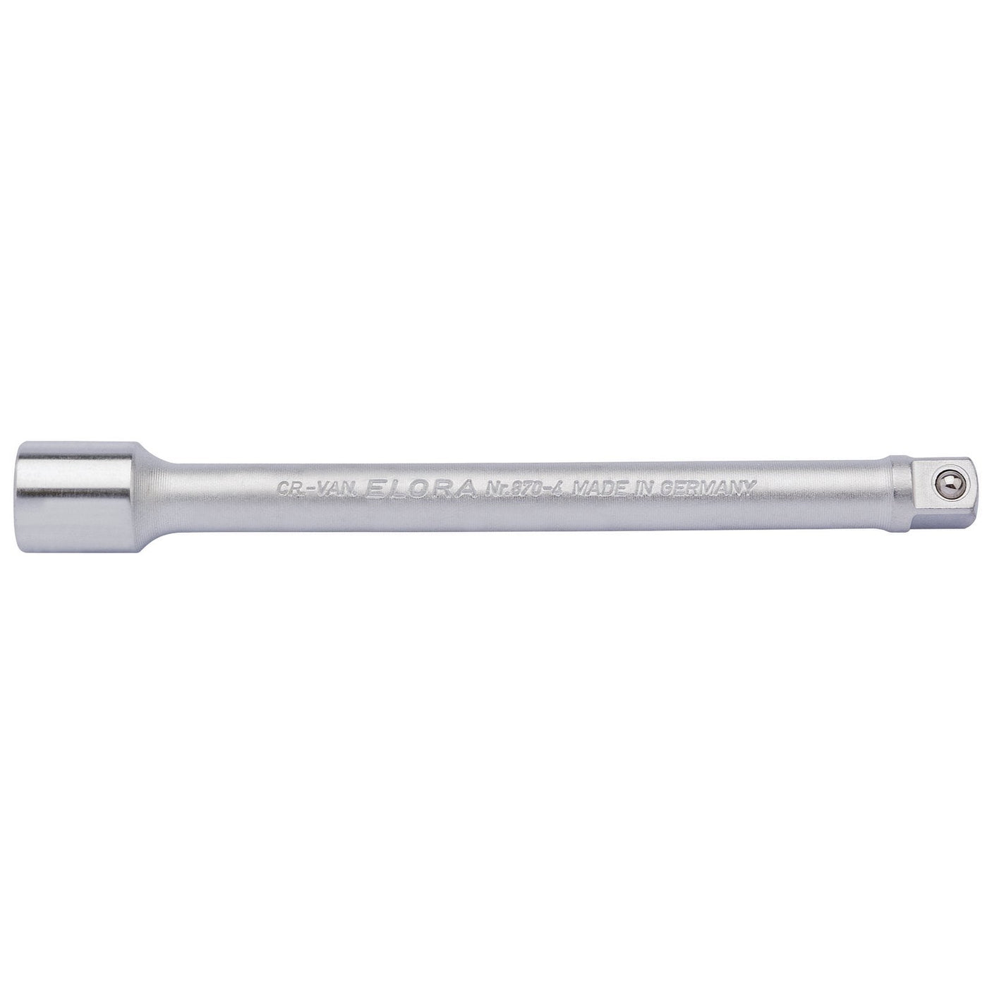 A silver 3/8" Sq. Dr., 150mm Draper Elora extension bar, model number 870-4, made in Germany from durable chrome vanadium steel and featuring corrosion protection to ensure longevity, compliant with DIN 3123 standards.