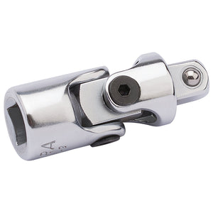 A Draper Elora Universal Joint, model 870-9, is a 3/8" square drive adapter measuring 55mm. Crafted from chrome vanadium steel, it features a shiny finish and offers excellent corrosion protection. Ideal for use with socket wrenches.